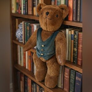 Vintage Teddy Bear in Handmade Green Vest- Tall & Posable